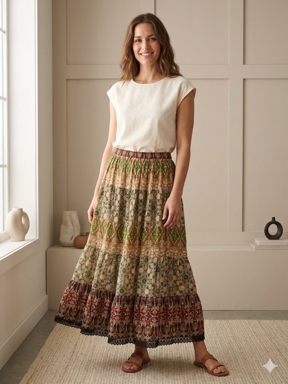 Kim Rogers Bohemian Tiered Maxi Skirt in Olive Tan Print